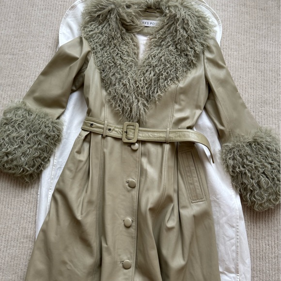 SAKS POTTS FOXY LEATHER COAT - SAGE GREEN - shearling trim leather coat - Picture 5 of 8